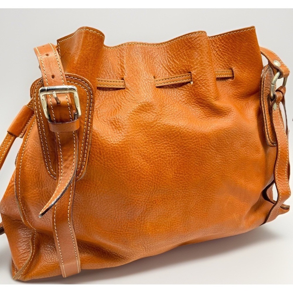 Donatello Firenze Cognac Brown Pebbled Leather Bucket Tote Drawstring Shoulder